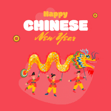 a happy chinese new year greeting card with a dragon and people