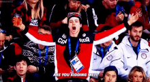 a group of people are sitting in a stadium watching a hockey game and one of them is wearing a canada jersey .