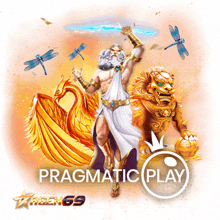 a poster for pragmatic play shows a lion dragon and a man