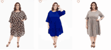 three plus size women are wearing different dresses