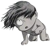 a black and white drawing of a naked child crawling on the floor .