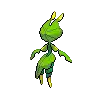 a pixel art drawing of a green and yellow cartoon character with leaves on its head .