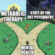 a cartoon of a man standing at a crossroad with the words metabolic therapy and state of the art psychiatric mental health