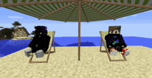 two minecraft characters sitting under an umbrella on the beach