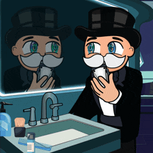 a cartoon of a man in a tuxedo shaving his beard in front of a mirror