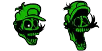 two green skulls with hats on their heads on a white background