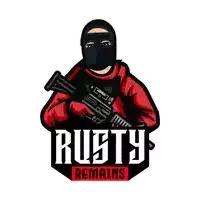 a logo for rusty remains shows a man in a red jacket holding a gun