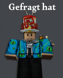 a roblox character wearing a birthday hat with a cake on top