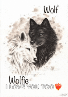 a black and white drawing of two wolves standing next to each other on a white background .