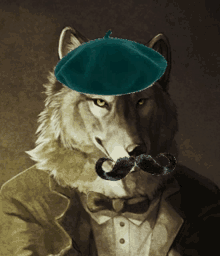 a wolf with a beret and a mustache