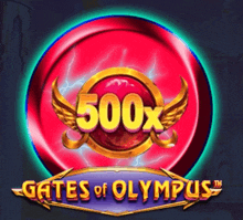 a slot game called gates of olympus has a red circle with wings on it