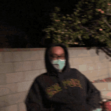 a blurry picture of a person wearing a gap hoodie and a mask