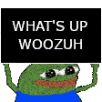 a pixel art of a frog holding a sign that says `` what 's up woozuh '' .