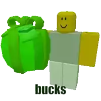 a roblox character is standing next to a green gift box with the word bucks on it