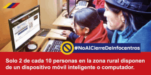 a woman and child are using a computer with a sign that says #noalcierredelinfocentros on it