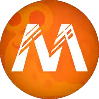 an orange circle with a white letter m in it