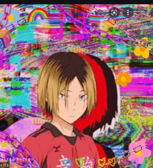 a picture of a anime character with a rainbow in the background .