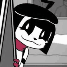 a black and white cartoon character peeking out of a doorway .