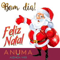 a santa claus holding a red bag with the words bom dia feliz natal below him