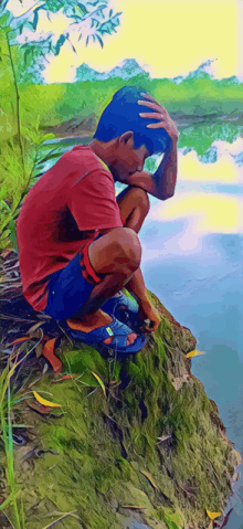 a painting of a man sitting on a rock near a river