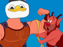 a cartoon character with a duck head is measuring hercules ' arm