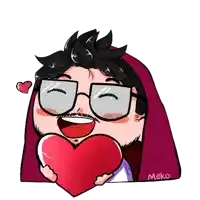 a cartoon of a man with glasses holding a red heart with the name meko on the bottom right