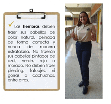 a woman giving a thumbs up next to a clipboard that says las herras