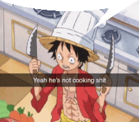 a cartoon character with a chef hat is holding two knives and says yeah he 's not cooking