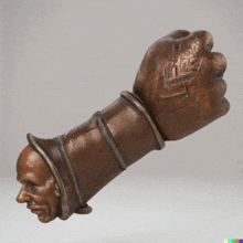 a statue of a fist with a face carved into it