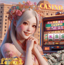 a woman is standing in front of a slot machine that says casino on it