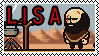 a pixel art of a man with a beard standing next to a pole with the word lisa on it .