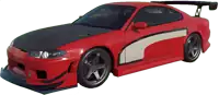 a red sports car with a black hood and a white stripe on the side