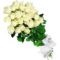 a bunch of white roses with green leaves and a white bow