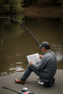 a man sits on a stool reading a book while fishing