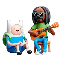 finn and snoop dogg from adventure time are sitting next to each other while snoop plays a guitar .