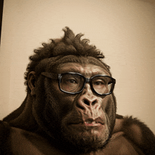 a gorilla wearing glasses looks at the camera with a serious look on his face