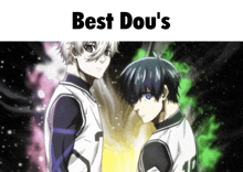 two anime characters standing next to each other with the words best dou 's on top