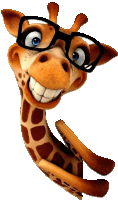 a cartoon giraffe wearing glasses is smiling and looking at the camera