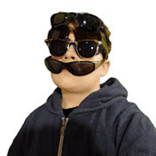 a young boy wearing a hoodie and sunglasses is looking at the camera