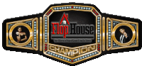 a flop house championship belt with a woman and a man