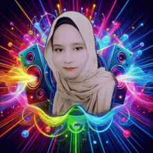 a woman in a hijab is surrounded by colorful lights