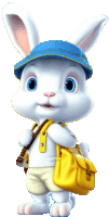 a cartoon rabbit wearing a blue hat and carrying a yellow backpack