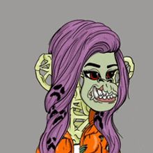 a cartoon of a woman with purple hair and a monkey face