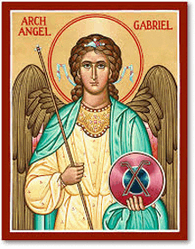 an icon of arch angel gabriel holding a shield and a stick