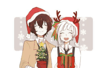 a couple of anime characters wearing santa hats holding a christmas tree and gifts .