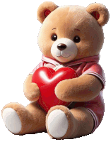 a teddy bear in a pink shirt is holding a large red heart