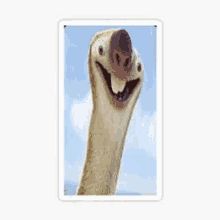 a sticker of a smiling ostrich with a long neck and a blue sky in the background .