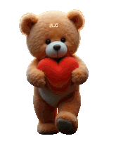 a brown teddy bear holding a red heart with a.c. written on its head