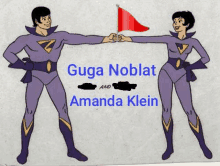 a cartoon of a man and a woman in purple superhero costumes holding hands .