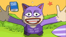 a cartoon of a purple cat wearing a shirt that says make memes great again